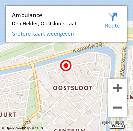 Locatie op kaart van de 112 melding: Ambulance Den Helder, Oostslootstraat op 21 april 2024 12:18