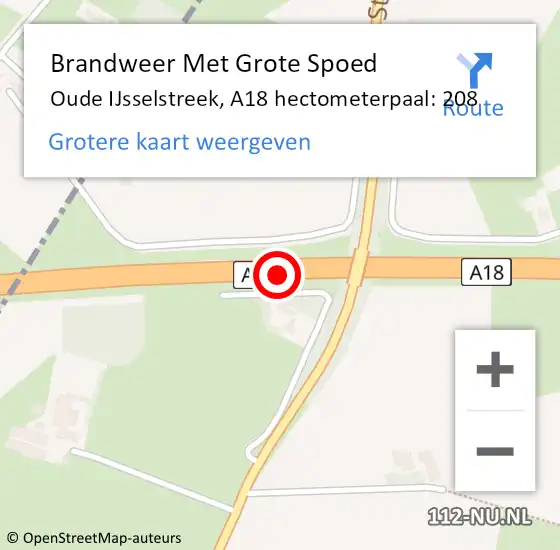 Locatie op kaart van de 112 melding: Brandweer Met Grote Spoed Naar Oude IJsselstreek, A18 hectometerpaal: 208 op 21 april 2024 13:55