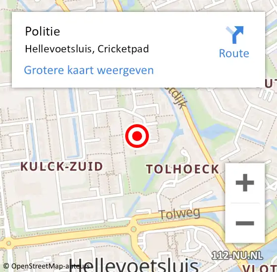 Locatie op kaart van de 112 melding: Politie Hellevoetsluis, Cricketpad op 21 april 2024 19:03