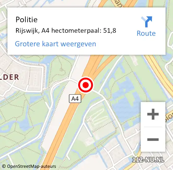 Locatie op kaart van de 112 melding: Politie Rijswijk, A4 hectometerpaal: 51,8 op 21 april 2024 20:12