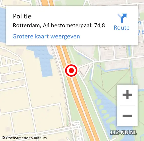 Locatie op kaart van de 112 melding: Politie Rotterdam, A4 hectometerpaal: 74,8 op 21 april 2024 20:47