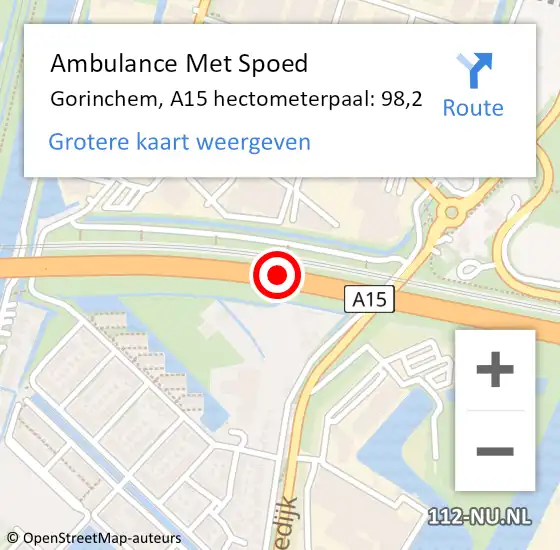 Locatie op kaart van de 112 melding: Ambulance Met Spoed Naar Gorinchem, A15 hectometerpaal: 98,2 op 21 april 2024 22:00