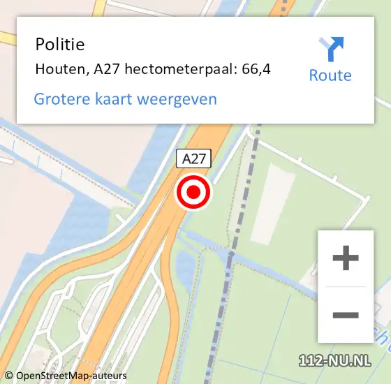 Locatie op kaart van de 112 melding: Politie Houten, A27 hectometerpaal: 66,4 op 22 april 2024 05:35