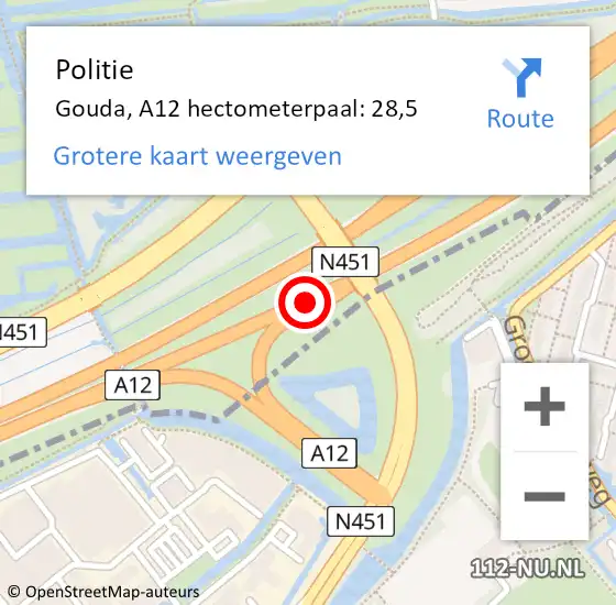 Locatie op kaart van de 112 melding: Politie Gouda, A12 hectometerpaal: 28,5 op 22 april 2024 08:28