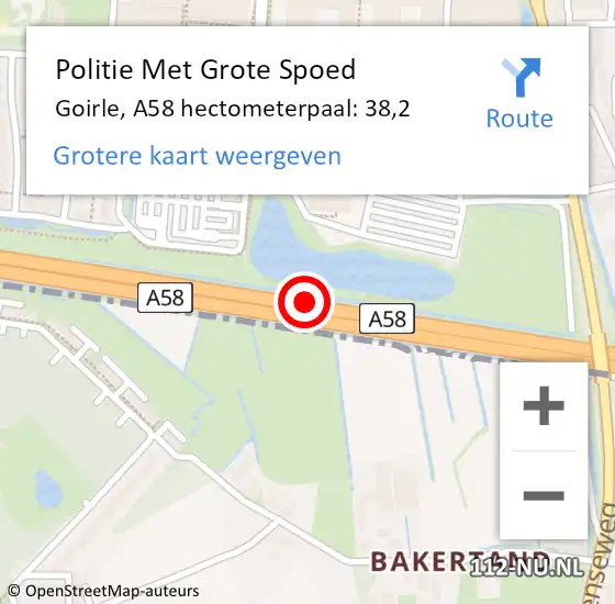 Locatie op kaart van de 112 melding: Politie Met Grote Spoed Naar Goirle, A58 hectometerpaal: 38,2 op 22 april 2024 10:05