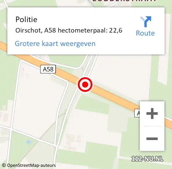 Locatie op kaart van de 112 melding: Politie Oirschot, A58 hectometerpaal: 22,6 op 22 april 2024 13:53