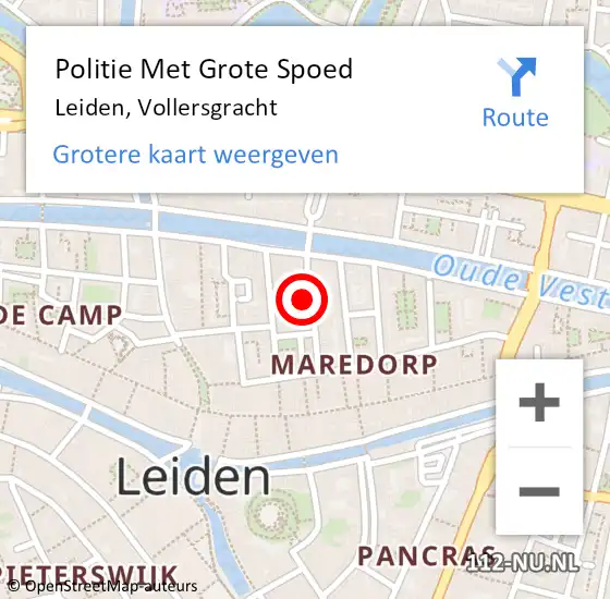 Locatie op kaart van de 112 melding: Politie Met Grote Spoed Naar Leiden, Vollersgracht op 22 april 2024 14:39