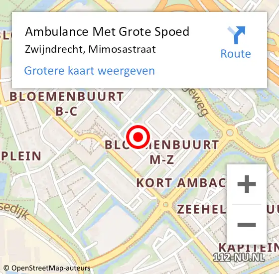 Locatie op kaart van de 112 melding: Ambulance Met Grote Spoed Naar Zwijndrecht, Mimosastraat op 22 april 2024 14:55