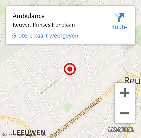 Locatie op kaart van de 112 melding: Ambulance Reuver, Prinses Irenelaan op 3 oktober 2014 11:20