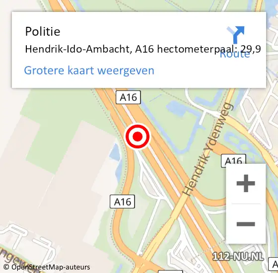 Locatie op kaart van de 112 melding: Politie Hendrik-Ido-Ambacht, A16 hectometerpaal: 29,9 op 22 april 2024 17:24