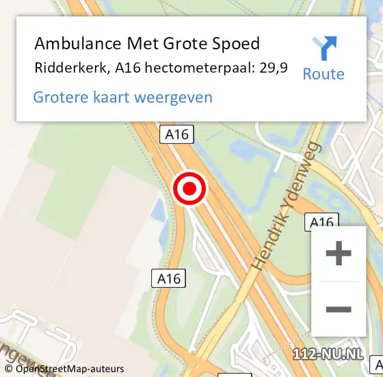 Locatie op kaart van de 112 melding: Ambulance Met Grote Spoed Naar Hendrik-Ido-Ambacht, A16 hectometerpaal: 29,9 op 22 april 2024 17:24
