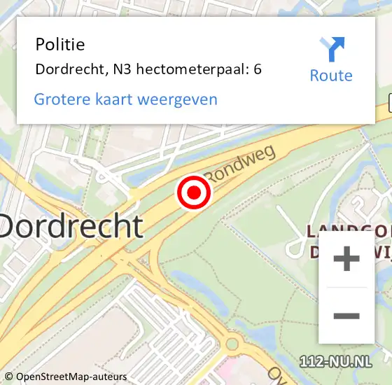 Locatie op kaart van de 112 melding: Politie Dordrecht, N3 hectometerpaal: 6 op 22 april 2024 17:26