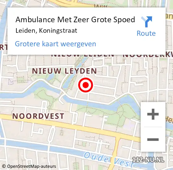 Locatie op kaart van de 112 melding: Ambulance Met Zeer Grote Spoed Naar Leiden, Koningstraat op 22 april 2024 18:42