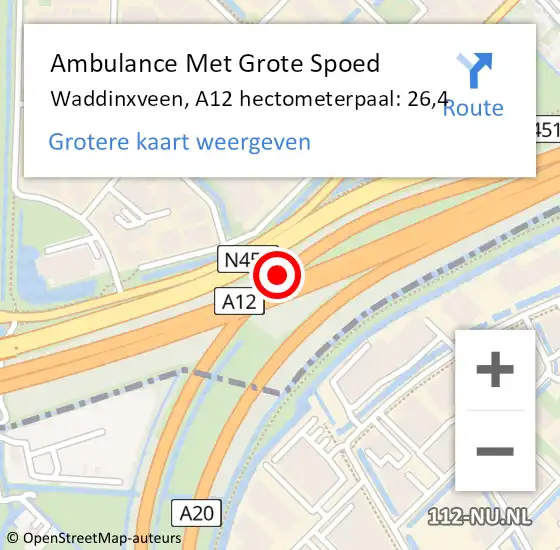 Locatie op kaart van de 112 melding: Ambulance Met Grote Spoed Naar Waddinxveen, A12 hectometerpaal: 26,4 op 22 april 2024 20:24