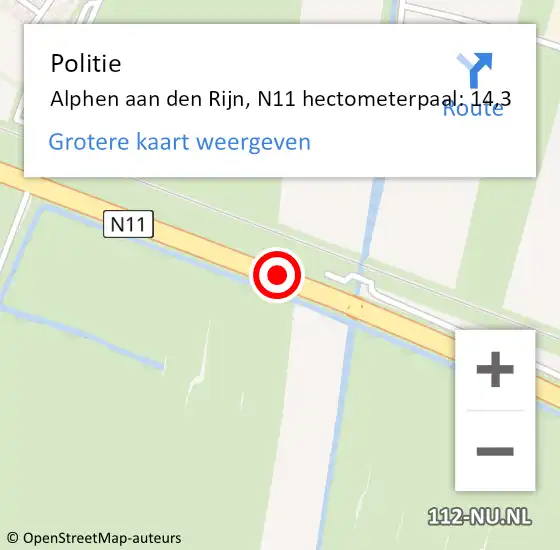 Locatie op kaart van de 112 melding: Politie Alphen aan den Rijn, N11 hectometerpaal: 14,3 op 22 april 2024 22:06