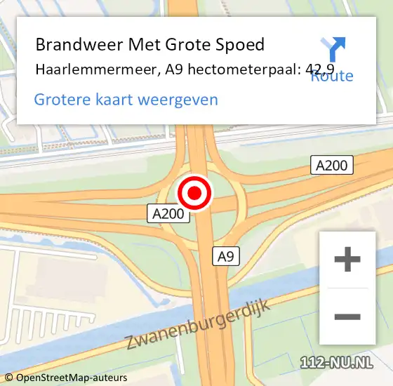 Locatie op kaart van de 112 melding: Brandweer Met Grote Spoed Naar Haarlemmermeer, A9 hectometerpaal: 42,9 op 22 april 2024 22:50
