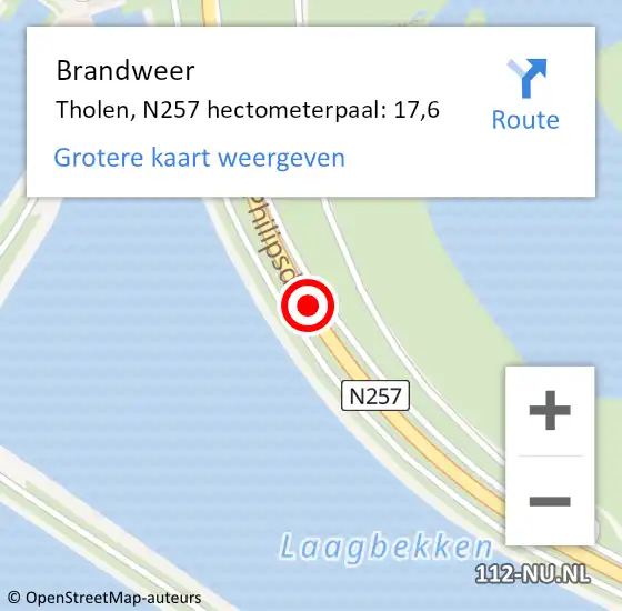 Locatie op kaart van de 112 melding: Brandweer Tholen, N257 hectometerpaal: 17,6 op 23 april 2024 00:11