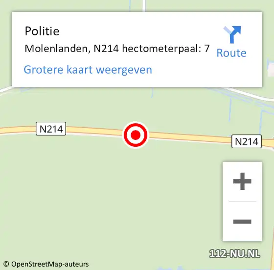 Locatie op kaart van de 112 melding: Politie Molenlanden, N214 hectometerpaal: 7 op 23 april 2024 07:16
