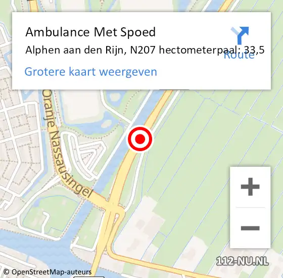 Locatie op kaart van de 112 melding: Ambulance Met Spoed Naar Alphen aan den Rijn, N207 hectometerpaal: 33,5 op 23 april 2024 08:01
