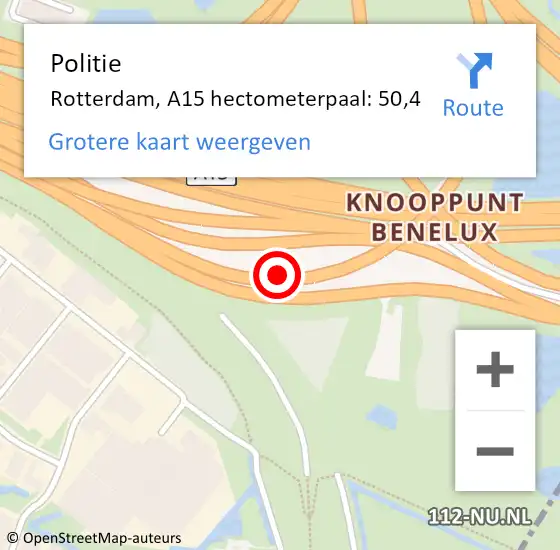 Locatie op kaart van de 112 melding: Politie Rotterdam, A15 hectometerpaal: 50,4 op 23 april 2024 08:28