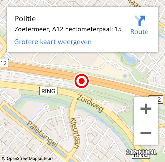 Locatie op kaart van de 112 melding: Politie Zoetermeer, A12 hectometerpaal: 15 op 23 april 2024 08:42