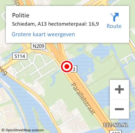 Locatie op kaart van de 112 melding: Politie Schiedam, A13 hectometerpaal: 16,9 op 23 april 2024 08:52