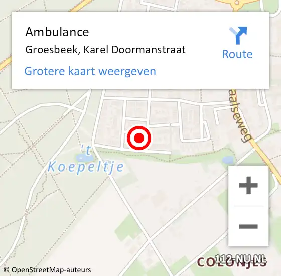 Locatie op kaart van de 112 melding: Ambulance Groesbeek, Karel Doormanstraat op 3 oktober 2014 12:28