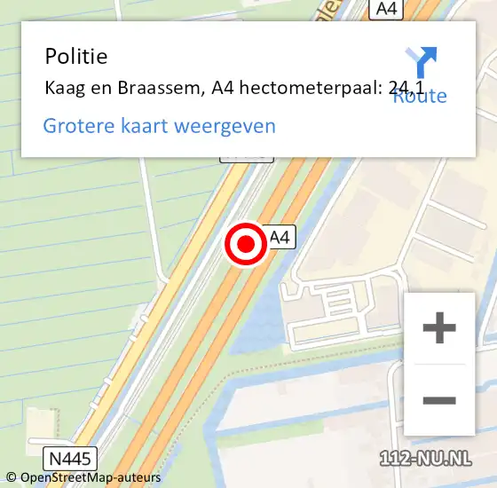 Locatie op kaart van de 112 melding: Politie Kaag en Braassem, A4 hectometerpaal: 24,1 op 23 april 2024 09:45