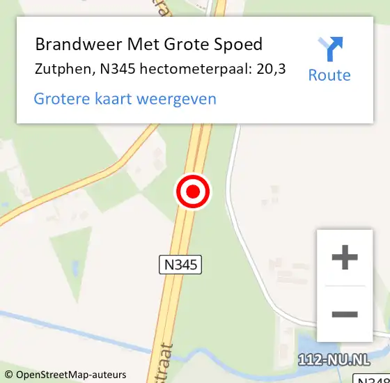 Locatie op kaart van de 112 melding: Brandweer Met Grote Spoed Naar Zutphen, N345 hectometerpaal: 20,3 op 23 april 2024 11:09