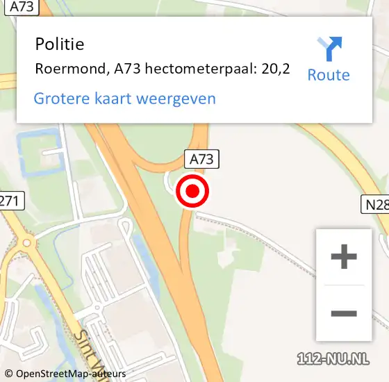 Locatie op kaart van de 112 melding: Politie Roermond, A73 hectometerpaal: 20,2 op 23 april 2024 12:54