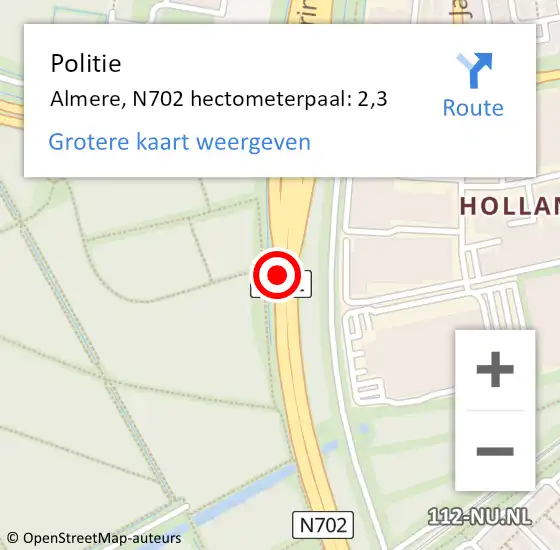 Locatie op kaart van de 112 melding: Politie Almere, N702 hectometerpaal: 2,3 op 23 april 2024 13:46