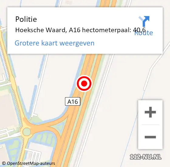 Locatie op kaart van de 112 melding: Politie Hoeksche Waard, A16 hectometerpaal: 40,6 op 23 april 2024 15:56