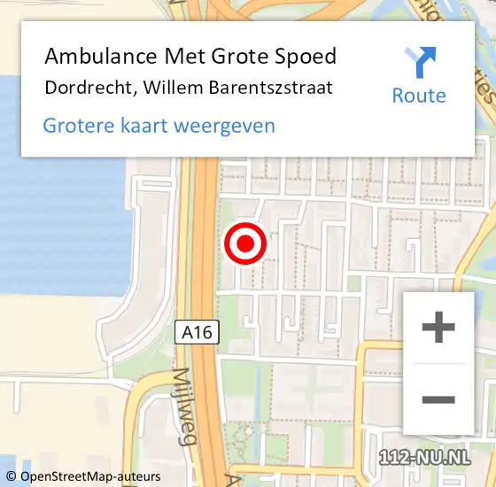 Locatie op kaart van de 112 melding: Ambulance Met Grote Spoed Naar Dordrecht, Willem Barentszstraat op 23 april 2024 16:29