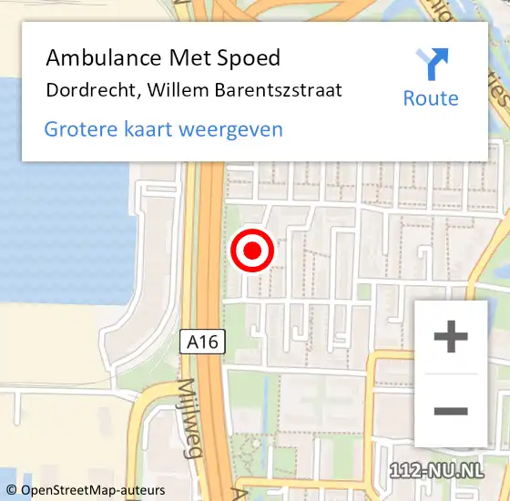 Locatie op kaart van de 112 melding: Ambulance Met Spoed Naar Dordrecht, Willem Barentszstraat op 23 april 2024 17:14