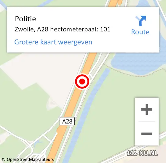 Locatie op kaart van de 112 melding: Politie Zwolle, A28 hectometerpaal: 101 op 23 april 2024 17:45