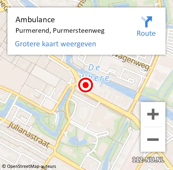 Locatie op kaart van de 112 melding: Ambulance Purmerend, Purmersteenweg op 23 april 2024 18:01