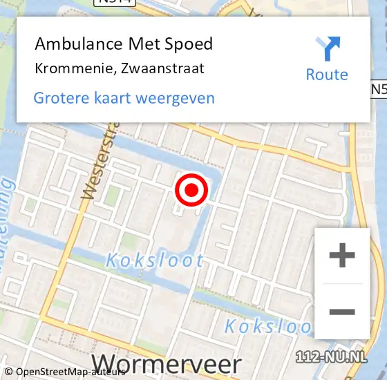 Locatie op kaart van de 112 melding: Ambulance Met Spoed Naar Krommenie, Zwaanstraat op 23 april 2024 22:23