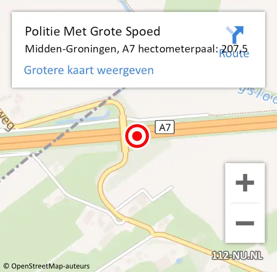 Locatie op kaart van de 112 melding: Politie Met Grote Spoed Naar Midden-Groningen, A7 hectometerpaal: 207,5 op 23 april 2024 22:50