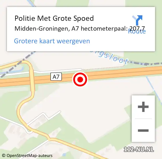 Locatie op kaart van de 112 melding: Politie Met Grote Spoed Naar Midden-Groningen, A7 hectometerpaal: 207,7 op 23 april 2024 22:50