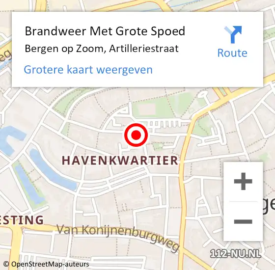 Locatie op kaart van de 112 melding: Brandweer Met Grote Spoed Naar Bergen op Zoom, Artilleriestraat op 24 april 2024 03:25