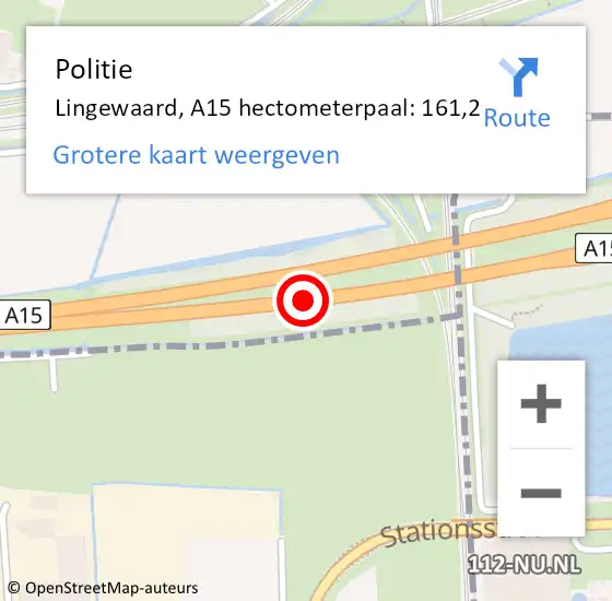 Locatie op kaart van de 112 melding: Politie Lingewaard, A15 hectometerpaal: 161,2 op 24 april 2024 05:03