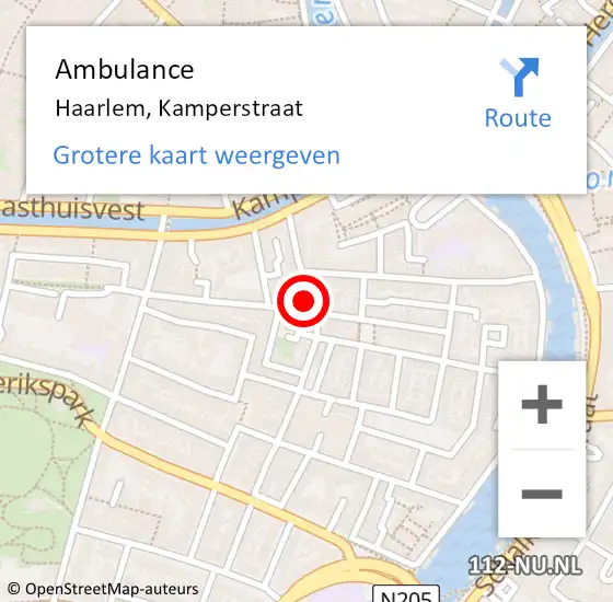 Locatie op kaart van de 112 melding: Ambulance Haarlem, Kamperstraat op 24 april 2024 08:31