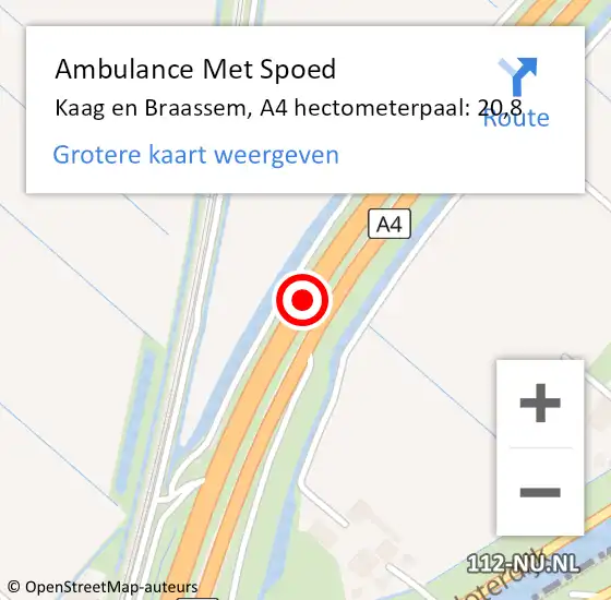 Locatie op kaart van de 112 melding: Ambulance Met Spoed Naar Kaag en Braassem, A4 hectometerpaal: 20,8 op 24 april 2024 16:42