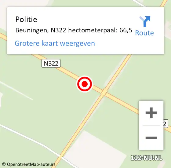 Locatie op kaart van de 112 melding: Politie Beuningen, N322 hectometerpaal: 66,5 op 24 april 2024 17:09