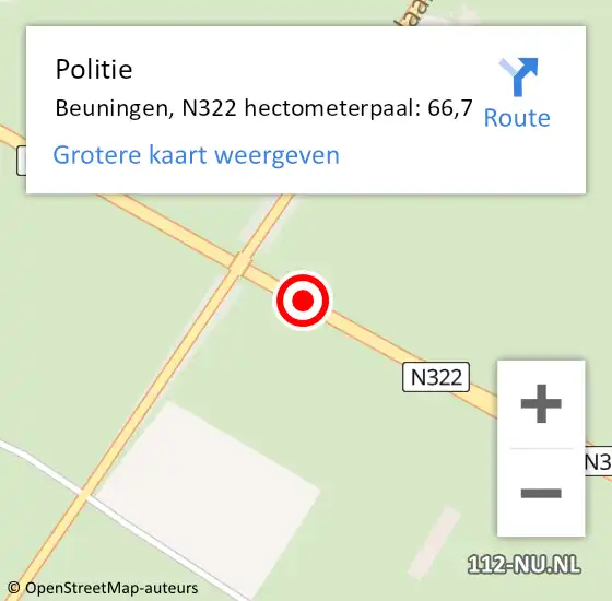 Locatie op kaart van de 112 melding: Politie Beuningen, N322 hectometerpaal: 66,7 op 24 april 2024 17:10