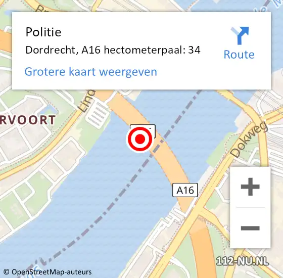 Locatie op kaart van de 112 melding: Politie Dordrecht, A16 hectometerpaal: 34 op 24 april 2024 23:00
