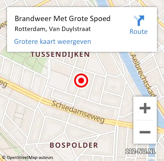 Locatie op kaart van de 112 melding: Brandweer Met Grote Spoed Naar Rotterdam, Van Duylstraat op 24 april 2024 23:31