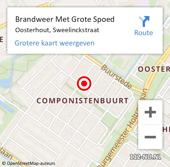 Locatie op kaart van de 112 melding: Brandweer Met Grote Spoed Naar Oosterhout, Sweelinckstraat op 24 april 2024 23:58
