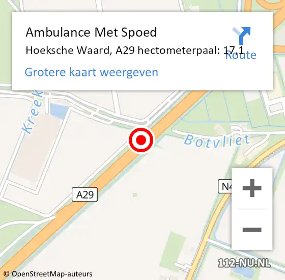 Locatie op kaart van de 112 melding: Ambulance Met Spoed Naar Hoeksche Waard, A29 hectometerpaal: 17,1 op 25 april 2024 03:18