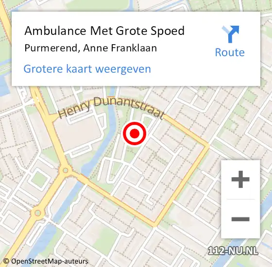 Locatie op kaart van de 112 melding: Ambulance Met Grote Spoed Naar Purmerend, Anne Franklaan op 25 april 2024 04:36